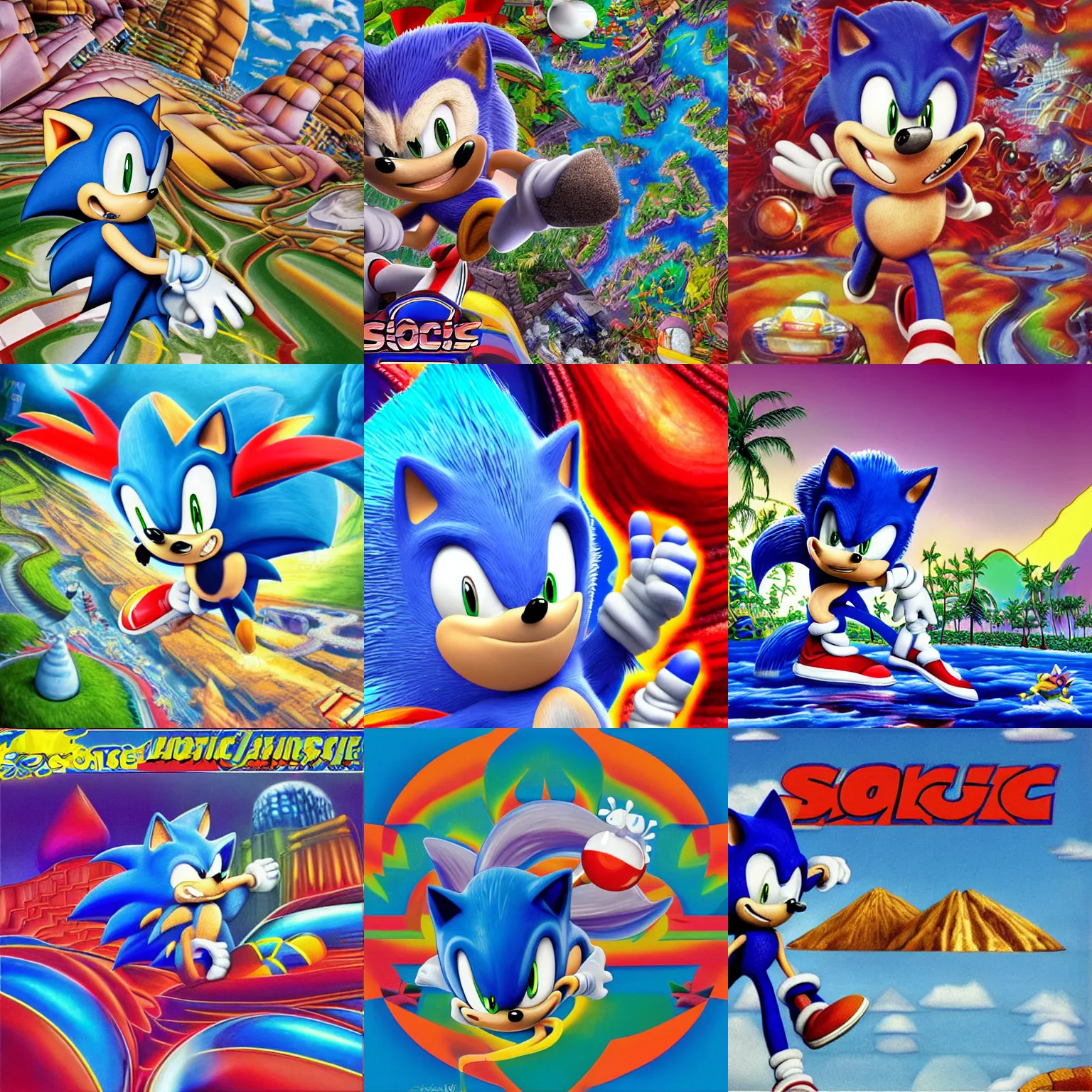 Prompt: portrait of sonic hedgehog and a matte painting landscape of a surreal, sharp, detailed professional, soft pastels, high quality airbrush art album cover of a liquid dissolving airbrush art lsd dmt sonic the hedgehog swimming through cyberspace, holo checkerboard background, 1 9 9 0 s 1 9 9 2 sega genesis rareware video game album cover