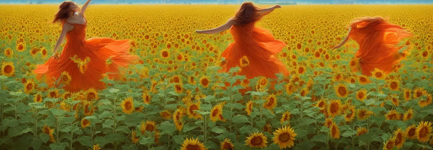 Image similar to beautiful young girl dancing in a fiery dress in a beautiful field of sunflowers and lilies, high detail, very realistic, by greg rutkowski, by james gurney ultra clear detailed, digital painting by ( ( makoto shinkai ) ), moebius moebius, surrealism, trending on artstation