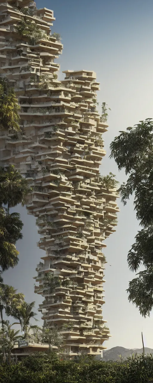 Image similar to single tower, golden gardens of babylon tower, beige stone color palette, sacred ancient architecture, hanging gardens on the balconies, modular cascading highrise, next to mountains and river with lush palm forest, zaha hadid, sunlight, eye - level view, post - production, octane, cgi, sfx