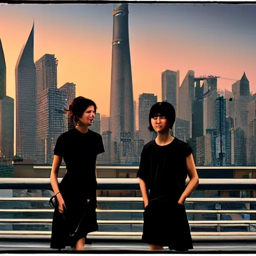 Image similar to a small rooftop with a couple of modern teenagers, standing and talking to each other, wearing black modern clothes, modern shanghai bund is on the background, sunset, by gregory crewdson, by hajime sorayama