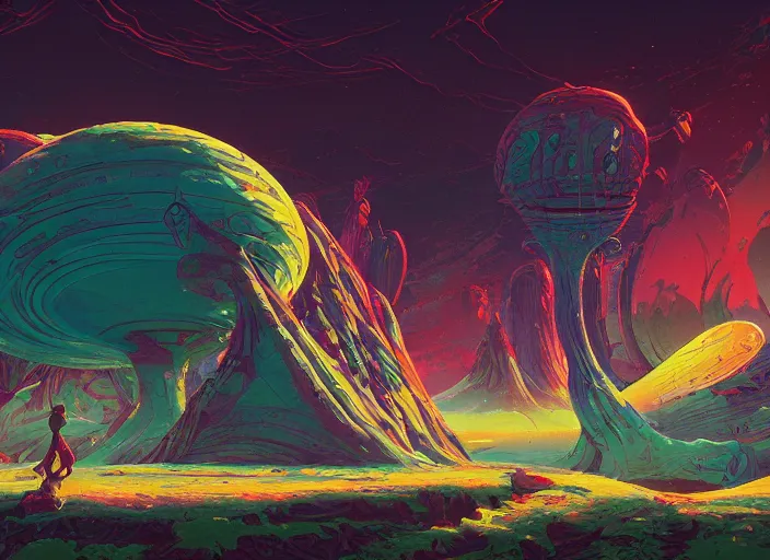 Prompt: psychedelic concept art of an alien landscape made of baked beans, cel shaded, in the style of makoto shinkai and moebius and peter mohrbacher and anton fadeev