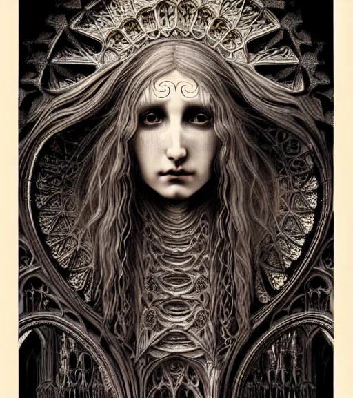 Image similar to hyperrealistic detailed face portrait of a beautiful long haired young goddess morphing into a gothic cathedral, authentic ornamental architecture, art by ernst haeckel, android jones, h. r. giger, gothic, neo - gothic, heavily ornamental,