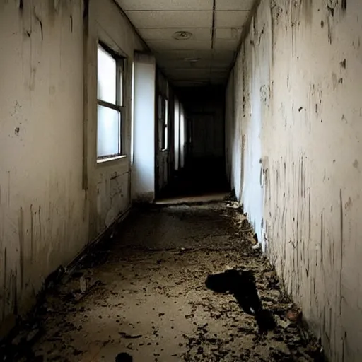 Image similar to eerie dark figure hidden in plain sight, abandoned hospital, creepy, scary