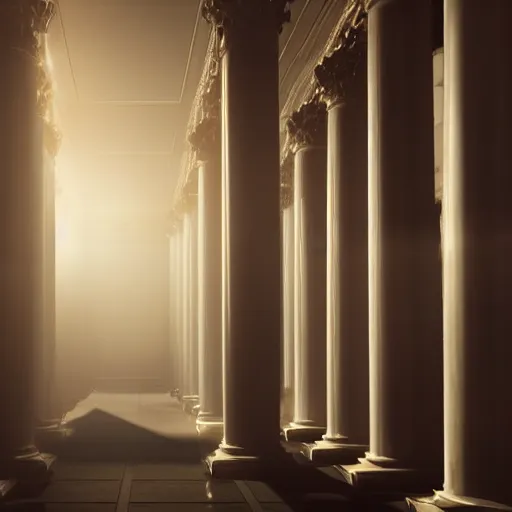 Image similar to photo, god's rejected first draft of humanity, inside a heavenly neo - futuristic greek revival beautiful cloud city with large white marble columns, golden hour lighting, god rays, volumetric lighting and fog