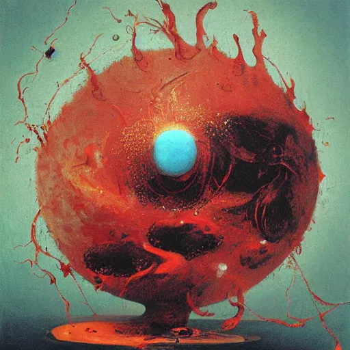 Image similar to a sphere being devoured by abstract splatters of paint in the style of francis bacon, venus being engulfed in flames in the style of james jean, surreal, beksinski, high detailed