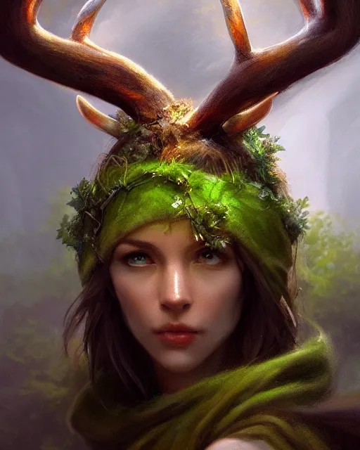 Prompt: druid, perfect face, antlers, green tunic, cinematic, stunning, highly detailed, digital painting, artstation, smooth, hard focus, illustration, art by jessica rossier and and brian froud