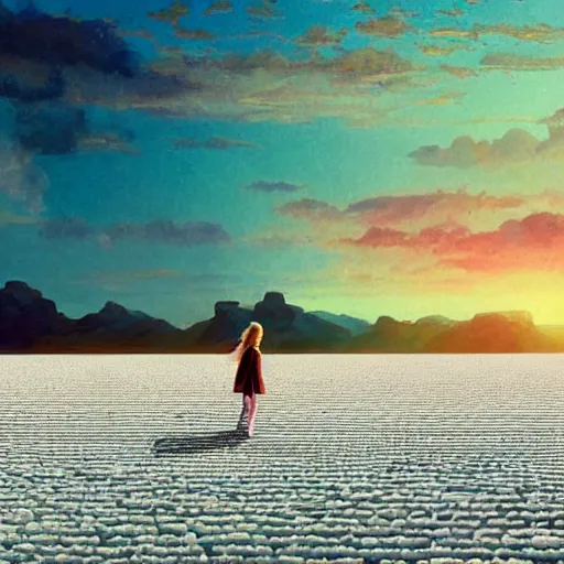 Image similar to giant daisy flower head, girl walking on salt flats mountains, surreal photography, sunrise, dramatic light, impressionist painting, colorful clouds, digital painting, artstation, simon stalenhag