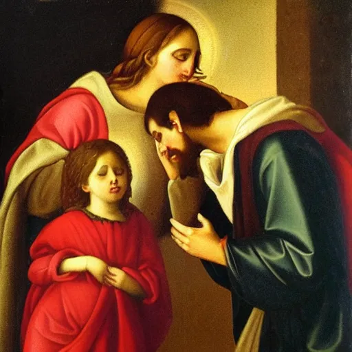 Image similar to an oil panting of a jesus kissing maria maddalena