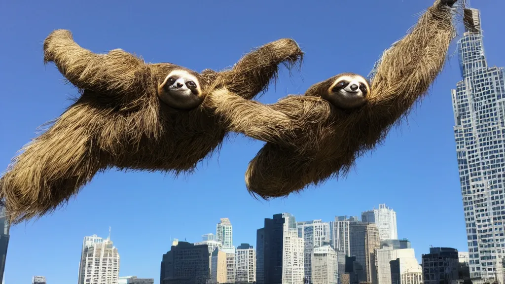 Image similar to a city-sized sloth flying over downtown