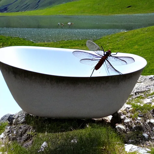 Image similar to dragonfly in a bathtub in the alps, sheep!!! in background