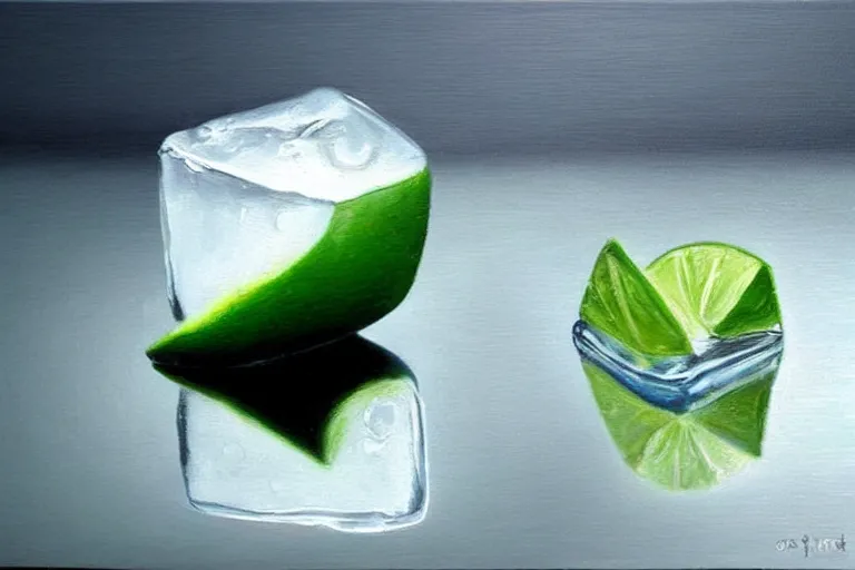 Image similar to award winning ultra - realistic!!! oil painting of an ice cube starting to melt next to a lime wedge!!!!, black!!! background