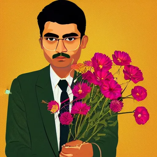 Prompt: indian guy holding flowers, looking nostalgic, in love, dapper,full portrait, artwork by Cheng, Hsiao-Ron and Wes Anderson