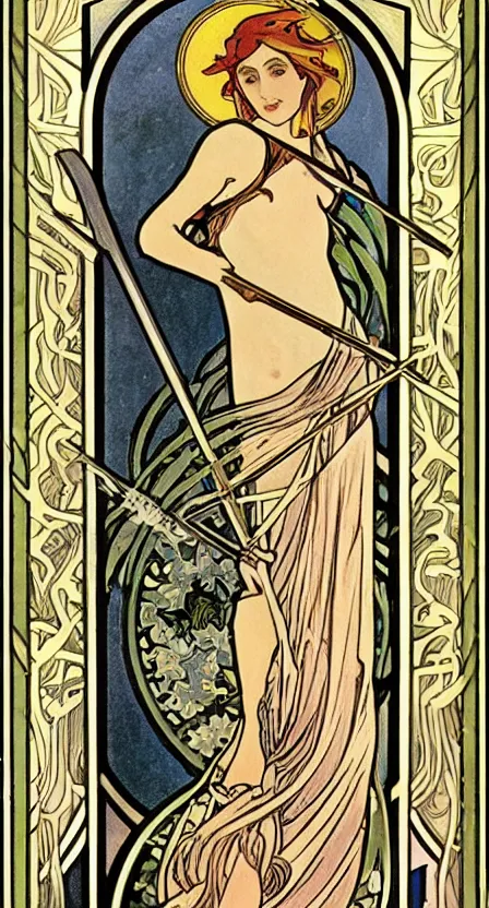 Image similar to a tarot card of death with a scythe, illustrated in an art deco style by tamara de lempika and an elegant border by alphonse mucha.