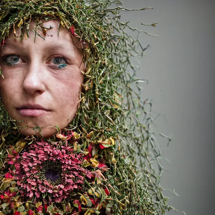 Prompt: a closeup portrait of a woman wearing a hooded cloak made of zinnias and barbed wire, in a derelict house, by Corbin Gurkin, natural light, detailed face, CANON Eos C300, ƒ1.8, 35mm, 8K, medium-format print