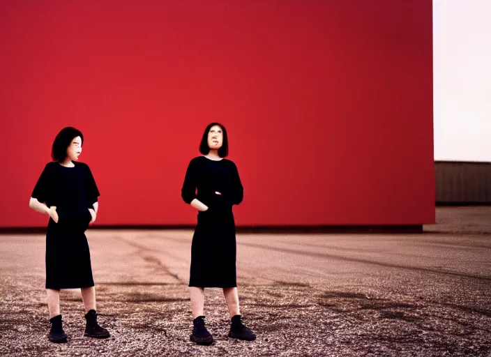 Image similar to cinestill 5 0 d closeup photographic portrait of 2 clones in front of a brutalist metal building, 2 techwear women, on a desolate plain, red sky, black oversized clothes, depth of field, 4 k, 8 k, hd, full color