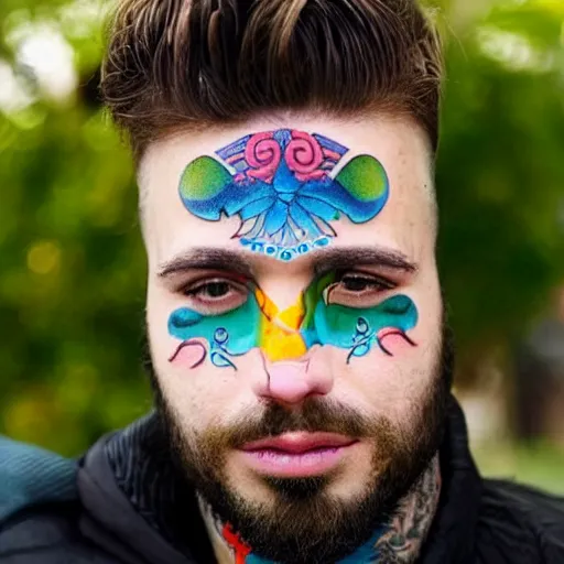 Image similar to a picture of an attractive man with colorful animal tattoos on his face