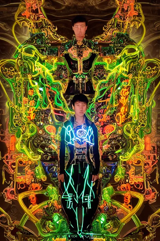 Prompt: full-body bladerunner neon baroque style sculpture of a young handsome Korean prince as a half cibernetic android with a chest opening exposing circuitry and electric sparks, glowing laser beam eyes, crown of giant neon diamonds, flowing neon green colored silk, fabric, raptors. baroque elements. full-length view. mechanical gear neon flowers. intricate artwork by caravaggio. black screen panel for a face. Trending on artstation, octane render, cinematic lighting from the right, hyper realism, octane render, 8k, depth of field, 3D