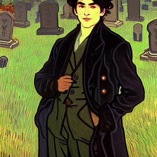 Prompt: painting of young cute handsome beautiful dark medium wavy hair man in his 2 0 s named shadow taehyung and cute handsome beautiful min - jun together at the graveyard party, ghostly, haunted gravestones, ghosts, autumn! colors, elegant, wearing suits!, clothes!, delicate facial features, art by alphonse mucha, vincent van gogh, egon schiele