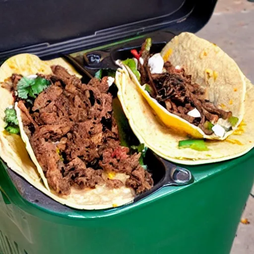 Image similar to the most disgusting tacos in the world served in a trashcan lid with worms, dirt, filth.