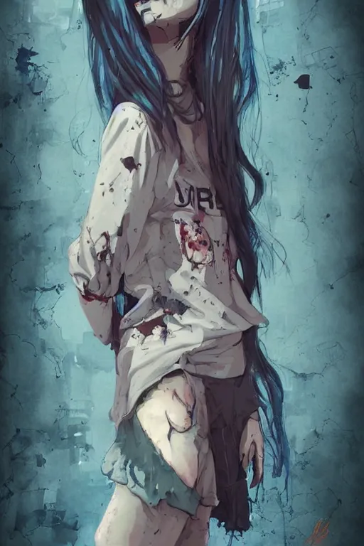 Prompt: urban school zombie girl in tattered clothes fanart, running ,dark blue long hair, muted colors, matte print, pastel colors, ornate, digital art, cute smile, digital painting, fan art, elegant, pixiv, by Ilya Kuvshinov, by Studio Ghibli