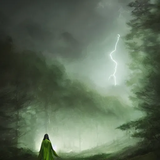 Prompt: a detailed picture of beautiful woman with black hair, wearing a green cloak, fleeing through a forest in a thunderstorm, riding a horse at night, viewed in profile, bolts of lightning, 4k, Greg Rutkowski