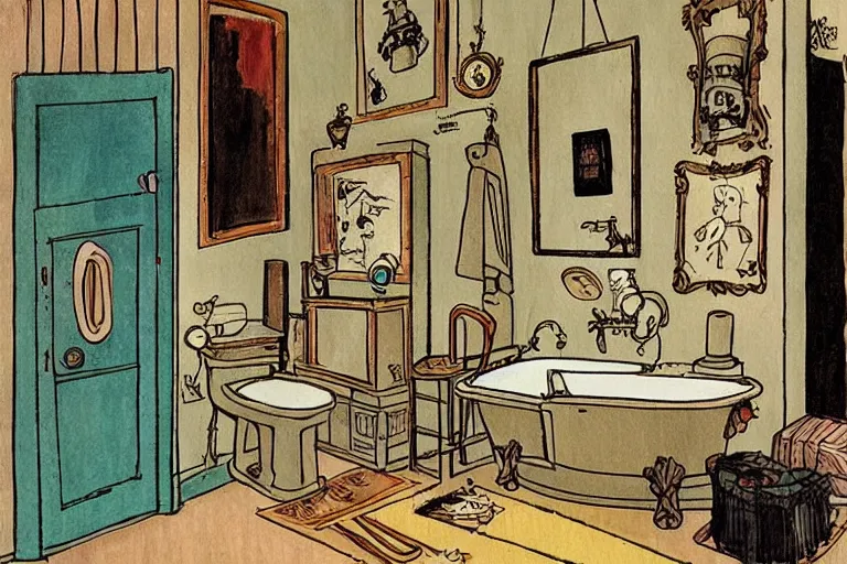 Image similar to victorian bathroom, style of studio ghibli + moebius + basquiat, cute,