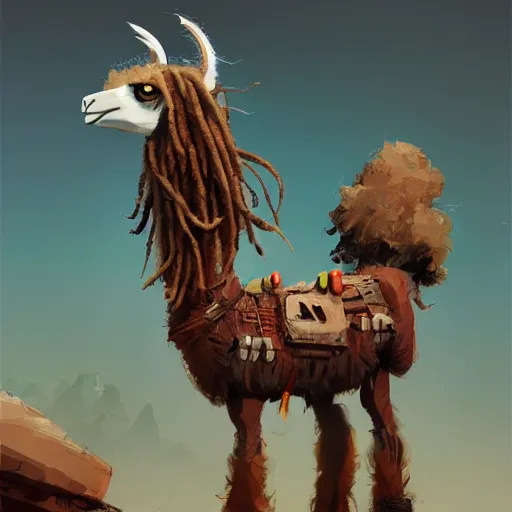 Prompt: llama with dreadlocks, realistic creature concept, heroic pose, by Ian McQue, 4k, artstation