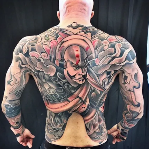 Image similar to muscular bald man, tattooed body, sword in hands, HD, anime style,