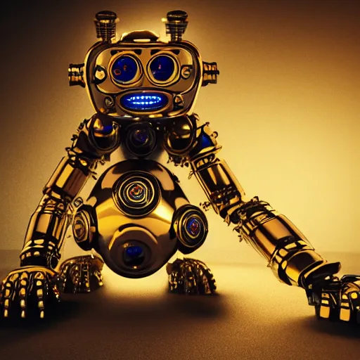 Image similar to a golden and blue metal humanoid steampunk robots wearing and gears and tubes is sitting on the ground, meditation, eyes are glowing red lightbulbs, shiny crisp finish, 3 d render, 8 k, insaneley detailed, fluorescent colors