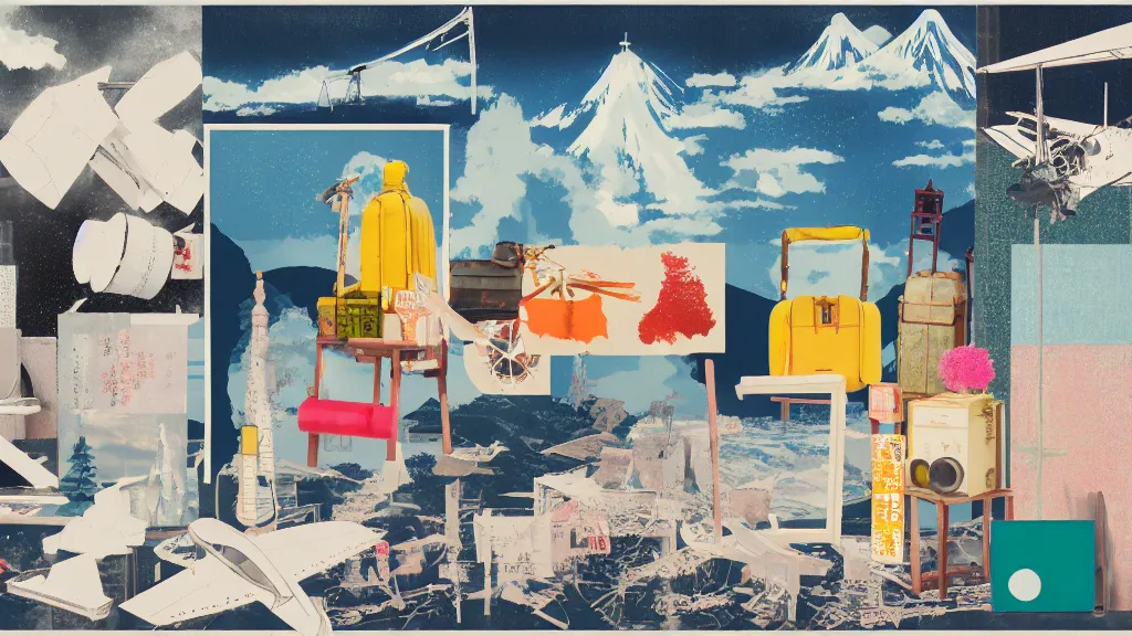 Image similar to an arrangement of traveller explorer props, japan, a collage painting, in the style of wes anderson, lola dupre, david hockney, isolated on negative white space background dark monochrome neon spraypaint accents volumetric octane render