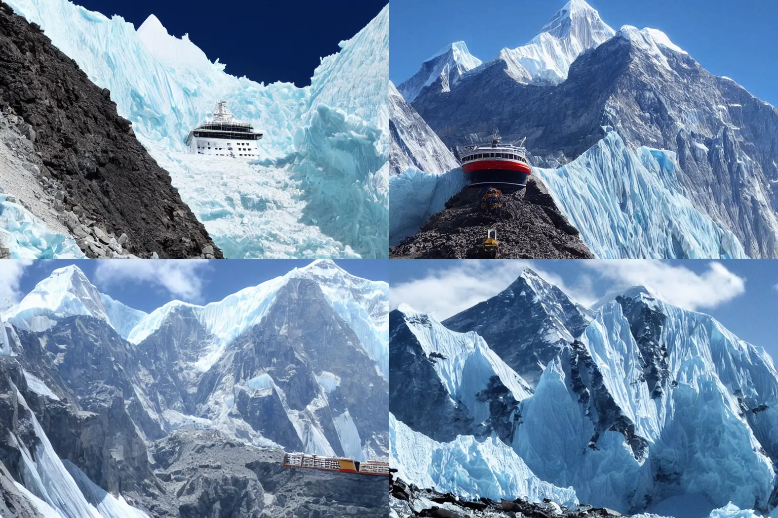 Prompt: cruise ship stuck on mount everest