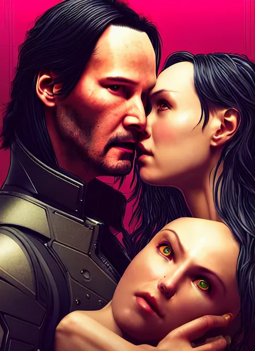 Prompt: a cyberpunk 2077 couple portrait of Keanu Reeves&female android in final kiss,love,film lighting,by Laurie Greasley,Lawrence Alma-Tadema,Dan Mumford,artstation,deviantart,FAN ART,full of color,Digital painting,face enhance,highly detailed,8K,octane,golden ratio,cinematic lighting