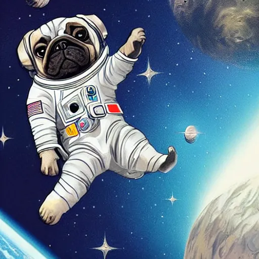 Image similar to hyper realistic, highly detailed, astronaut pug in space.