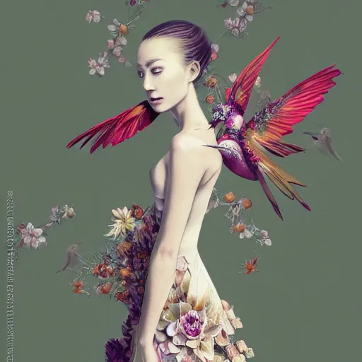 Image similar to 3 / 4 view of a beautiful girl wearing an origami dress, eye - level medium shot, fine floral ornaments in cloth and hair, hummingbirds, elegant, by eiko ishioka, givenchy, carl - gustav carus, by peter mohrbacher, centered, fresh colors, origami, fashion, detailed illustration, vogue, japanese, reallusion character creator