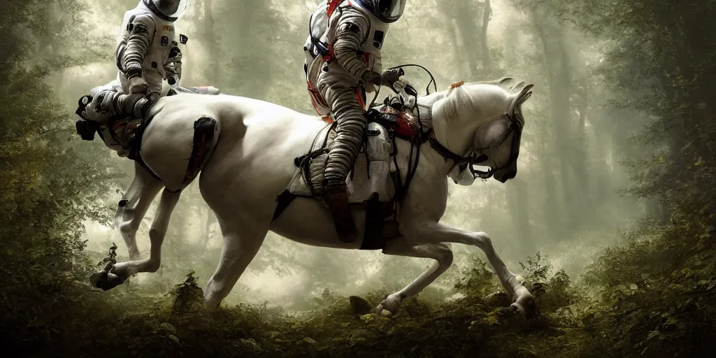 Image similar to an astronaut riding on the back of a white horse through a forest, a detailed matte painting by frieke janssens, featured on cgsociety, fantasy art, matte painting, reimagined by industrial light and magic, matte drawing