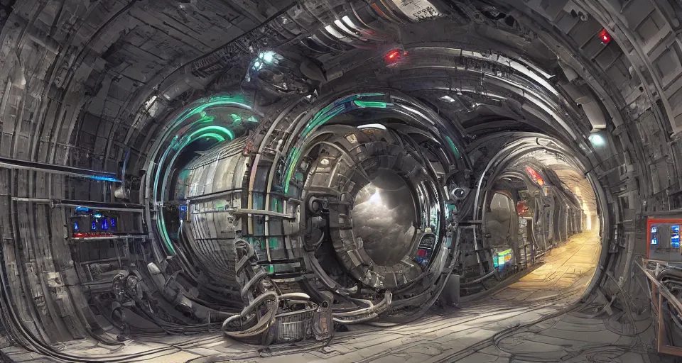 Prompt: a biomechanical giger subway tunnel mri machine with massive piping inspired by a nuclear reactor submarine and maschinen krieger, ilm, beeple, star citizen halo, mass effect, starship troopers, elysium, iron smelting pits, high tech industrial, warm saturated colours