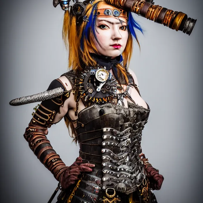 Image similar to full length photograph of a real - life very beautiful clockpunk warrior. extremely detailed. dslr. 8 5 mm.