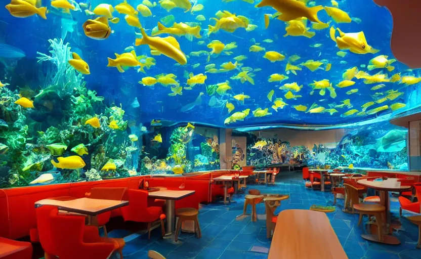 Image similar to inside a fastfood fish restaurant, fluorescent light, bright, atlantis theme, a big aquarium at the wall