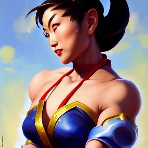 Image similar to Greg Manchess portrait painting of Chun-Li as Overwatch character, medium shot, asymmetrical, profile picture, Organic Painting, sunny day, Matte Painting, bold shapes, hard edges, street art, trending on artstation, by Huang Guangjian and Gil Elvgren and Sachin Teng