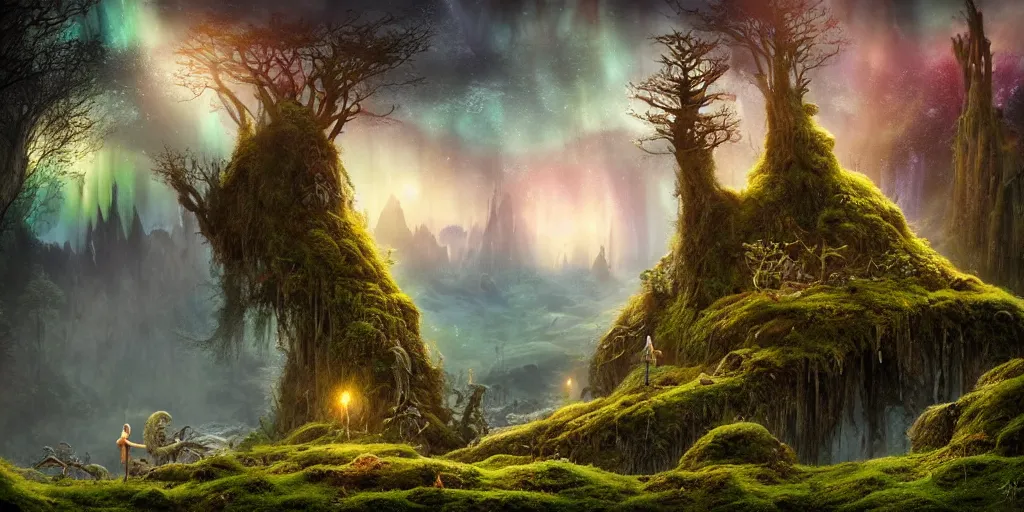 Image similar to surreal fairyland scenery landscape, lord of the rings, aurora borealis, mist, monoliths, flowers, mushroom structures, moss highly detailed, vivid color, perfect lighting, perfect composition, 8 k, brian froud, artgerm, derek zabrocki, greg rutkowski