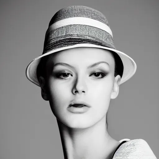 Prompt: monochrome lomography of fashion model in wide white hat, in the style of classicism