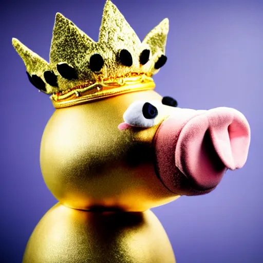 Image similar to studio photograph of a pig wearing a gold crown depicted as a muppet holding a protest sign