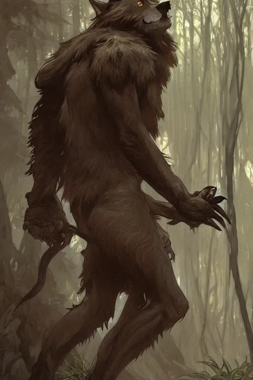 Image similar to fullbody portrait of a male werewolf, bared teeth, long claws, by greg rutkowski and alphonse mucha, gradient brown to silver, in front of a forest at night background, highly detailed portrait, digital painting, artstation, concept art, smooth, sharp focus illustration