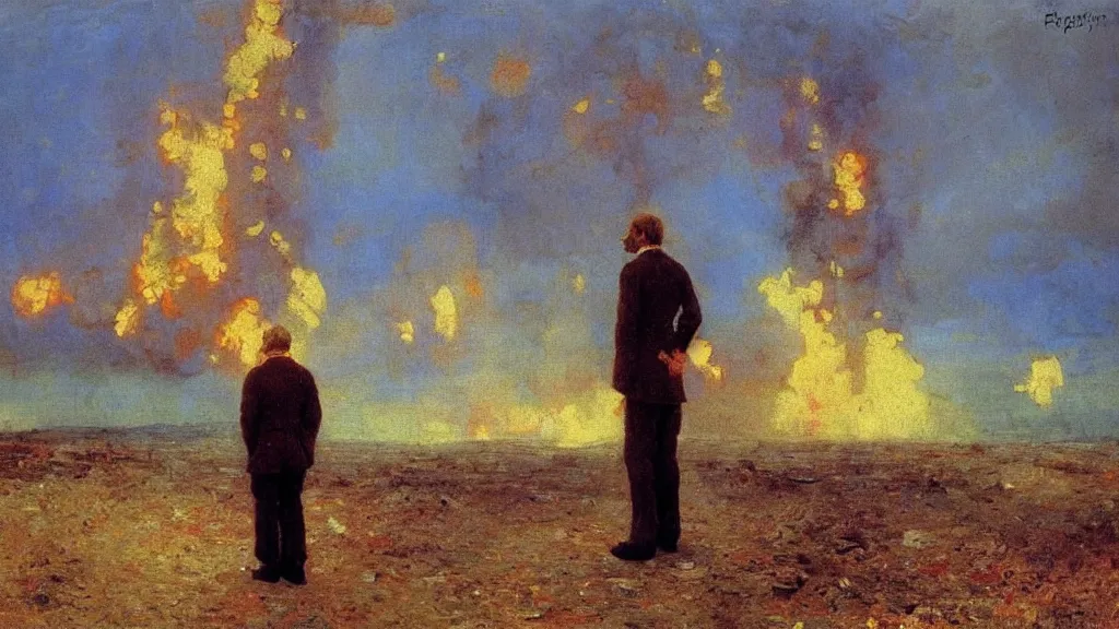 Image similar to high quality high detail painting by ilya repin, man standing in front of huge explosion, cinematic, hd