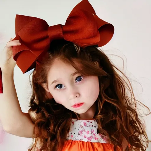 Prompt: 1girl 😮 ascot bare_shoulders bow brown_eyes brown_hair close-up floral_background frilled_bow frilled_hair_tubes frills hair_between_eyes hair_bow hair_tubes long_hair orange_ascot pink_background red_bow shirt sleeveless sleeveless_shirt solo