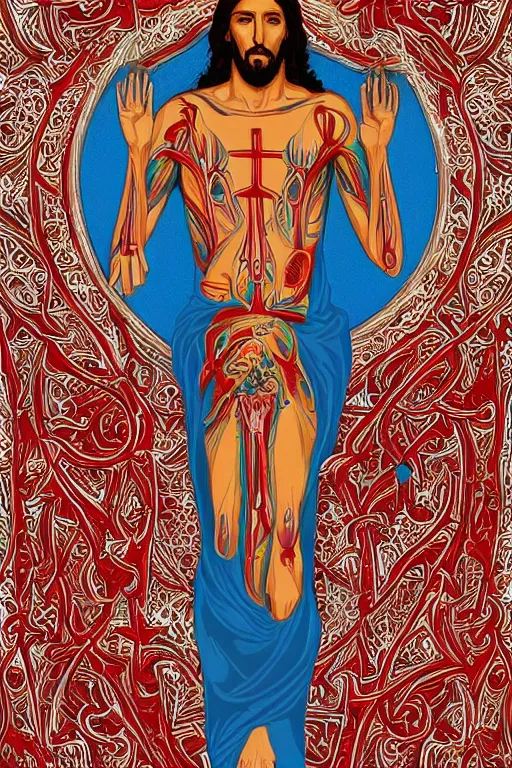 Prompt: blooded jesus christ on mayheim crosses. symmetrical anatomy, very intricate, digital design, perfect details, pop art style, colorful, accompanied by body, pure image without duplication, dribble popular, trending on arstation, drawn by ilya kuvshinov and darbotz and vinicius gud and gustavo zambelli, intricate, ultra high definition.