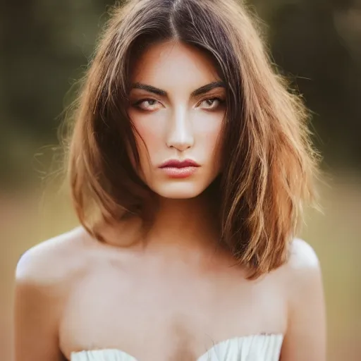 Prompt: professional outdoor portrait of a very beautiful young woman with gorgeous eyes, high cheek bones, flowing hair, medium format, 8 5 mm f 0. 9, fuji 4 0 0 h