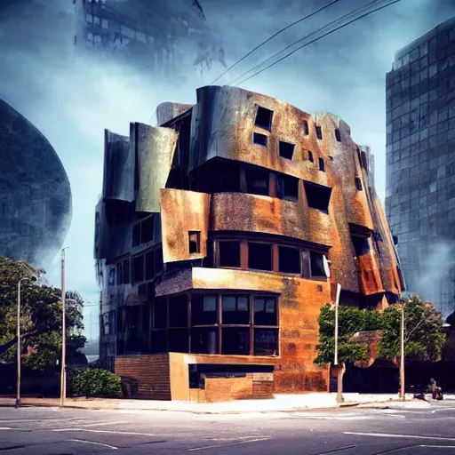 Prompt: “derelict architecture buildings, building designed by architect Frank Gehry, architecture digest, building surrounded in a luxurious environment, modern tones, fluorescent lighting,volumetric Lighting, cyber punk, photorealism, high detail, golden ratio, cinematic, octane renderer”