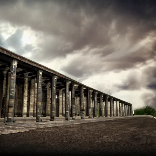 Image similar to Stormy sky with thunders, pipes and vaults system beneath, depth of field, blueshift render, photorealistic