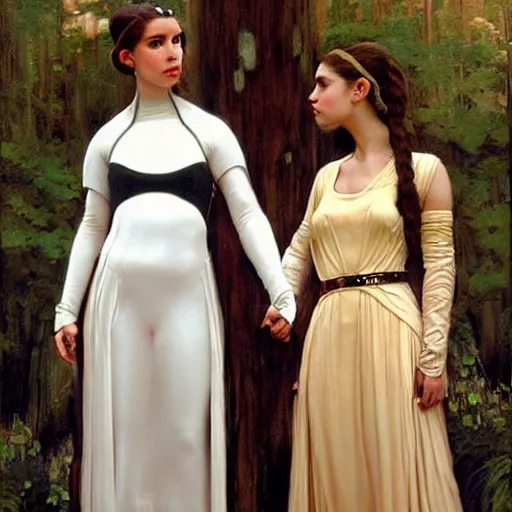 Image similar to !dream princess leia organa and queen padme amidala holding hands, perfect face, perfect body, flirty, full body portrait, drawn by john william waterhouse